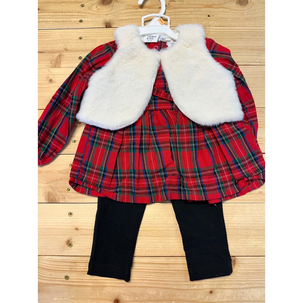Crown & Ivy 3 Piece Plaid Dress Vest Leggings Set 12 Months Christmas Holiday